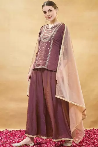 Brown embroidery pure silk kurta with plazzo and dupatta