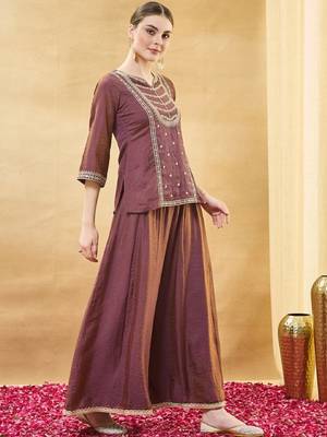 Brown embroidery pure silk kurta with plazzo and dupatta 4