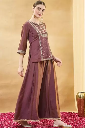 Brown embroidery pure silk kurta with plazzo and dupatta
