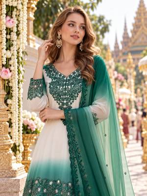 Blue&white georgette readymade suit with thread embroidery & cut work 2