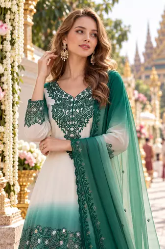 Blue&white georgette readymade suit with thread embroidery & cut work