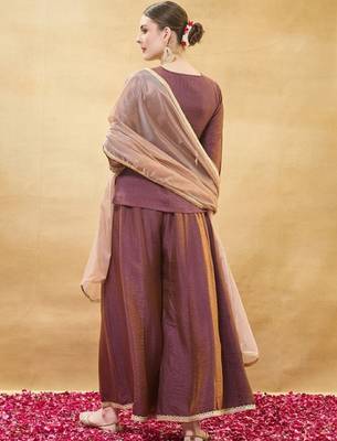 Brown embroidery pure silk kurta with plazzo and dupatta 5
