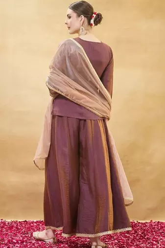Brown embroidery pure silk kurta with plazzo and dupatta