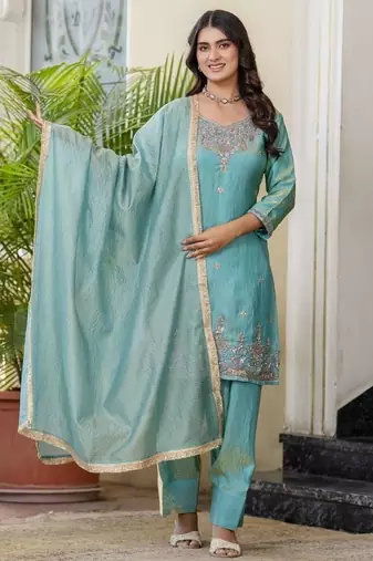 Turquoise blue embroidered straight kurta pant set with dupatta