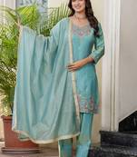Turquoise blue embroidered straight kurta pant set with dupatta