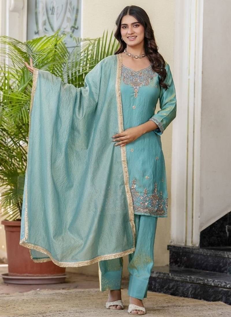 Turquoise blue embroidered straight kurta pant set with dupatta