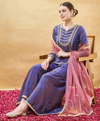 Blue embroidery pure silk kurta with plazzo and dupatta 1