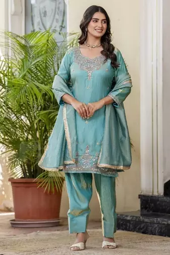 Turquoise blue embroidered straight kurta pant set with dupatta