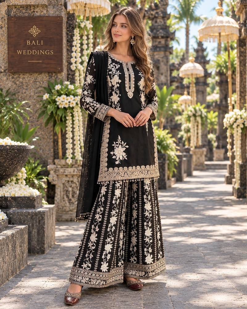 Black georgette readymade suit with embroidery & sequence work