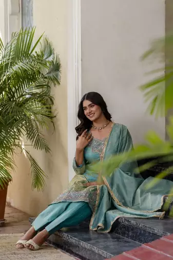 Turquoise blue embroidered straight kurta pant set with dupatta