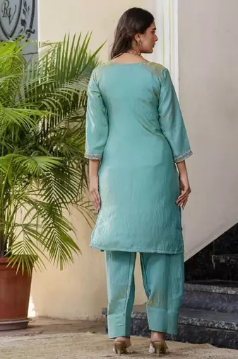 Turquoise blue embroidered straight kurta pant set with dupatta