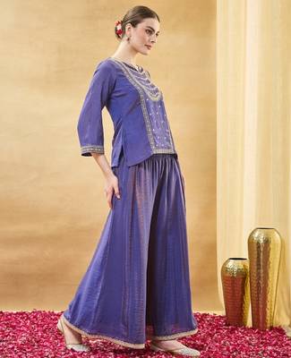 Blue embroidery pure silk kurta with plazzo and dupatta 3