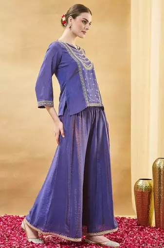Blue embroidery pure silk kurta with plazzo and dupatta