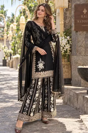 Black georgette readymade suit with embroidery & sequence work