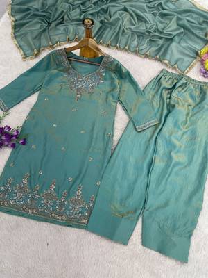 Turquoise blue embroidered straight kurta pant set with dupatta 5