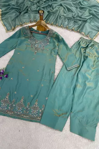 Turquoise blue embroidered straight kurta pant set with dupatta