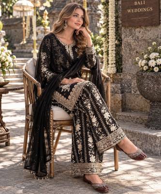 Black georgette readymade suit with embroidery & sequence work 3
