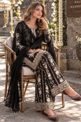 Black georgette readymade suit with embroidery & sequence work