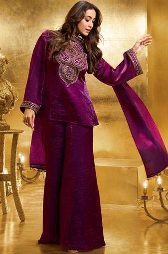 Wine embroidery organza silk kurta with plazzo and dupatta
