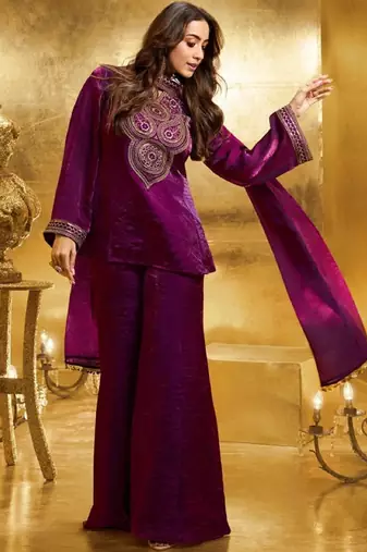Wine embroidery organza silk kurta with plazzo and dupatta
