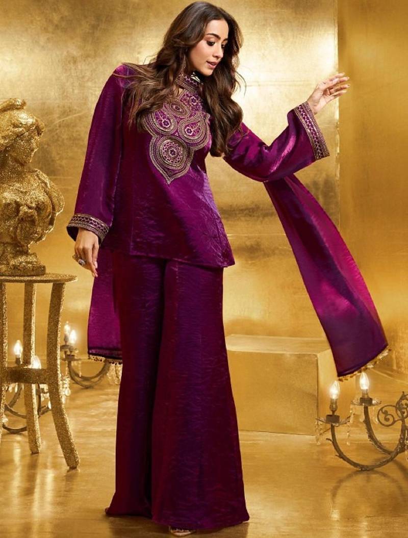 Wine embroidery organza silk kurta with plazzo and dupatta