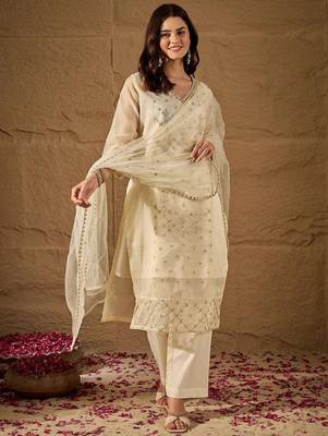 Cream embroidery net kurta with pant and dupatta 1
