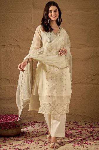 Cream embroidery net kurta with pant and dupatta