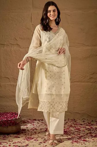 Cream embroidery net kurta with pant and dupatta