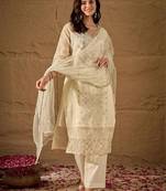 Cream embroidery net kurta with pant and dupatta