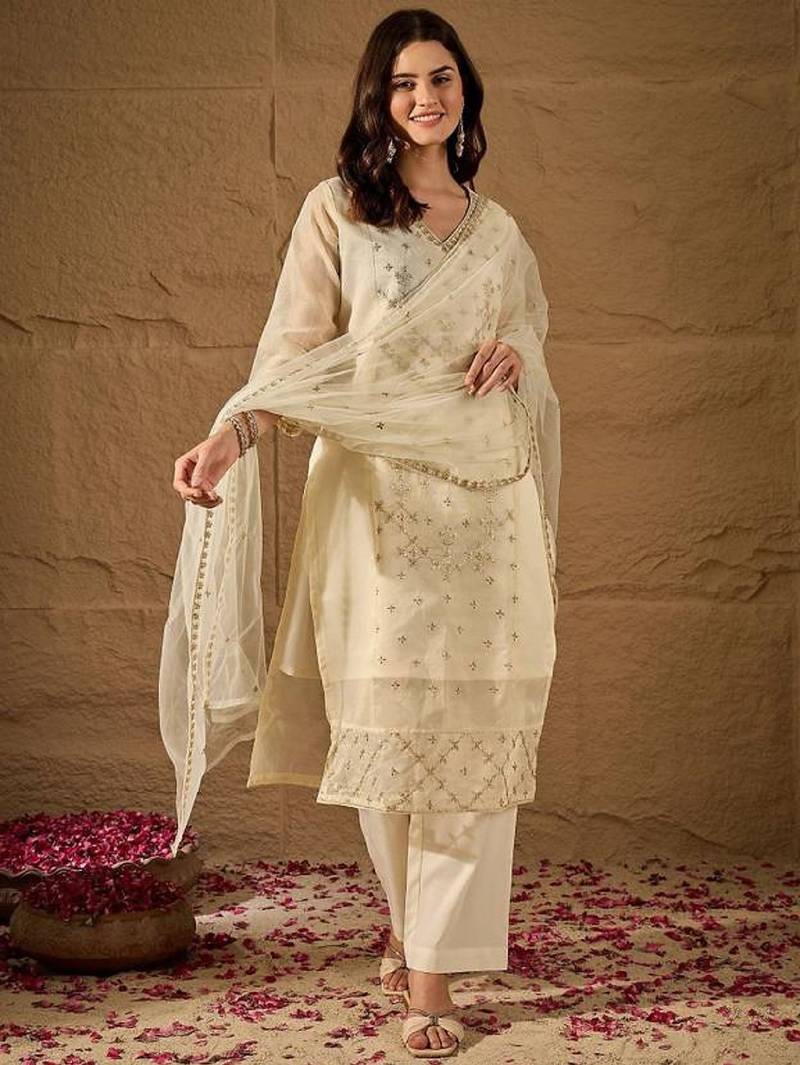 Cream embroidery net kurta with pant and dupatta