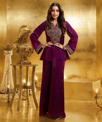 Wine embroidery organza silk kurta with plazzo and dupatta 2