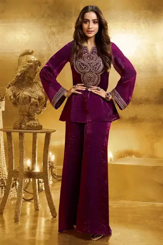 Wine embroidery organza silk kurta with plazzo and dupatta