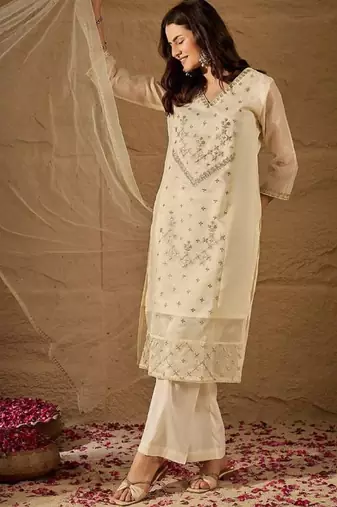 Cream embroidery net kurta with pant and dupatta