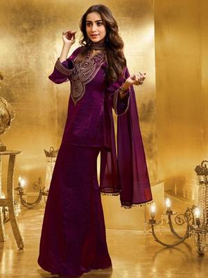 Wine embroidery organza silk kurta with plazzo and dupatta 3