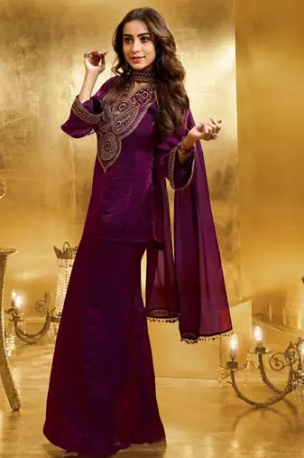 Wine embroidery organza silk kurta with plazzo and dupatta