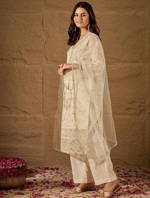 Cream embroidery net kurta with pant and dupatta 3