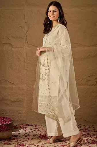 Cream embroidery net kurta with pant and dupatta