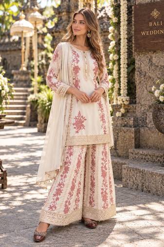 White georgette readymade suit with embroidery & sequence work