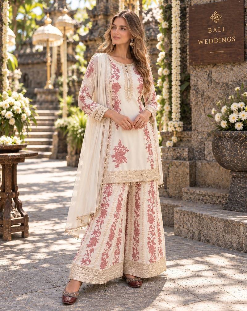 White georgette readymade suit with embroidery & sequence work