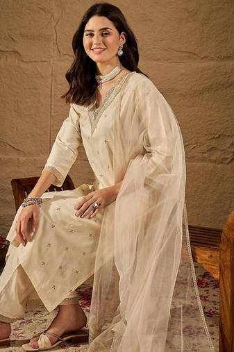Beige embroidery silk blend kurta with pant and dupatta