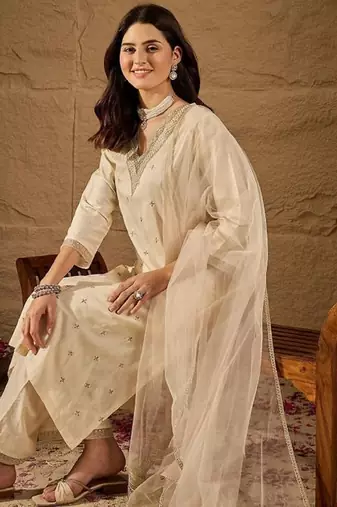 Beige embroidery silk blend kurta with pant and dupatta