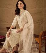 Beige embroidery silk blend kurta with pant and dupatta