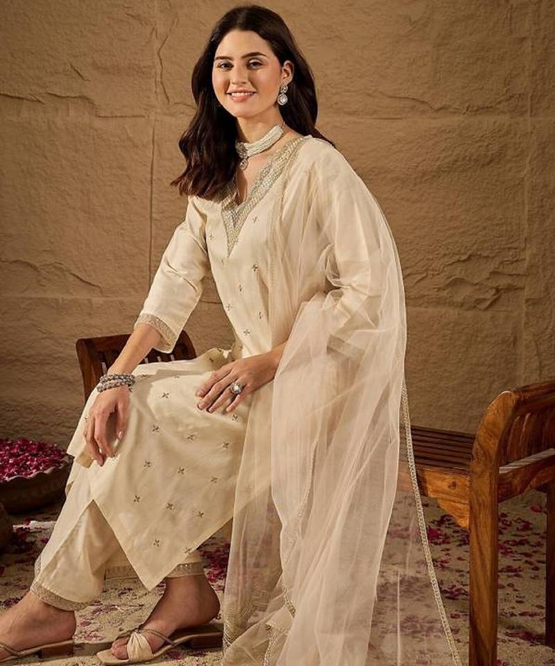 Beige embroidery silk blend kurta with pant and dupatta