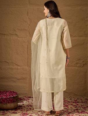 Cream embroidery net kurta with pant and dupatta 4