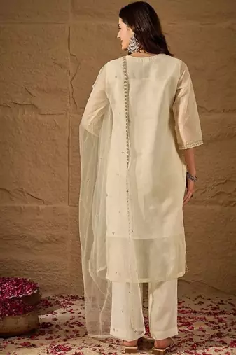 Cream embroidery net kurta with pant and dupatta
