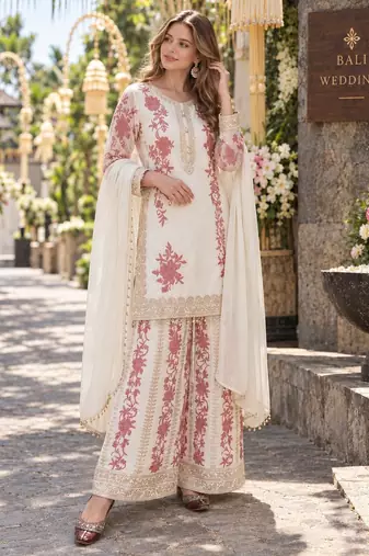 White georgette readymade suit with embroidery & sequence work