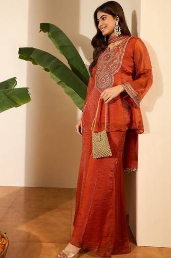 Orange embroidery organza silk kurta with plazzo and dupatta