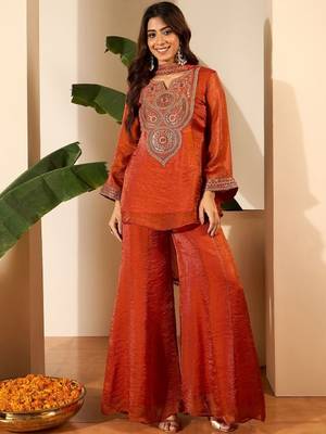Orange embroidery organza silk kurta with plazzo and dupatta 2