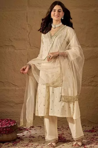Beige embroidery silk blend kurta with pant and dupatta