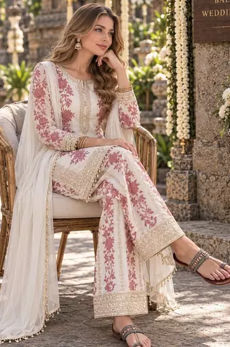 White georgette readymade suit with embroidery & sequence work